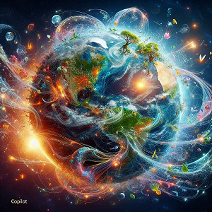 Earth as a living system: Oceans, air, and land interweave into a single web, maintaining homeostasis while exchanging matter with the universe around it